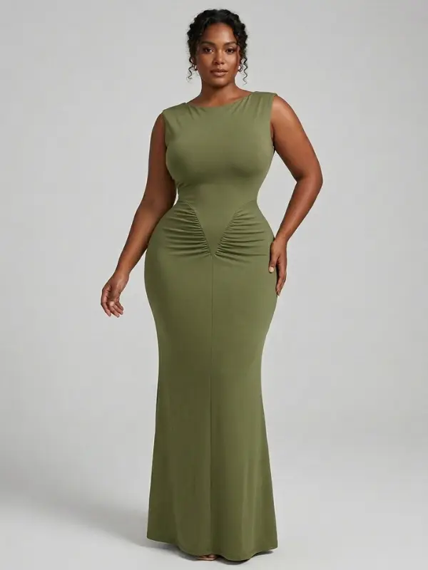 Sculpt Touch Women Ruched Bodycon Maxi Dress Short Sleeve Slim Fit Round Neck Casual Solid Color Long Dress