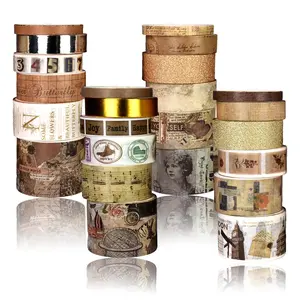 Washi Tape Set, 24 Rolls Vintage Washi Stickers, Assorted Sizes, for Junk Journal Scrapbook Tape, Bullet Journaling Scrapbooking Supplies, Planner Sticker DIY Craft DéCor (Brown)
