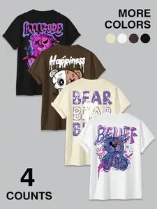 4-Pack Graffiti Teddy Bear Graphic T-Shirts | Y2K Streetwear Casual Tees Set
