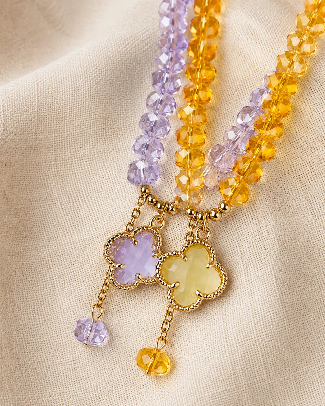 Faceted Crystal Beaded Necklace with Clover Charm – Purple or Golden Yellow Statement Jewelry