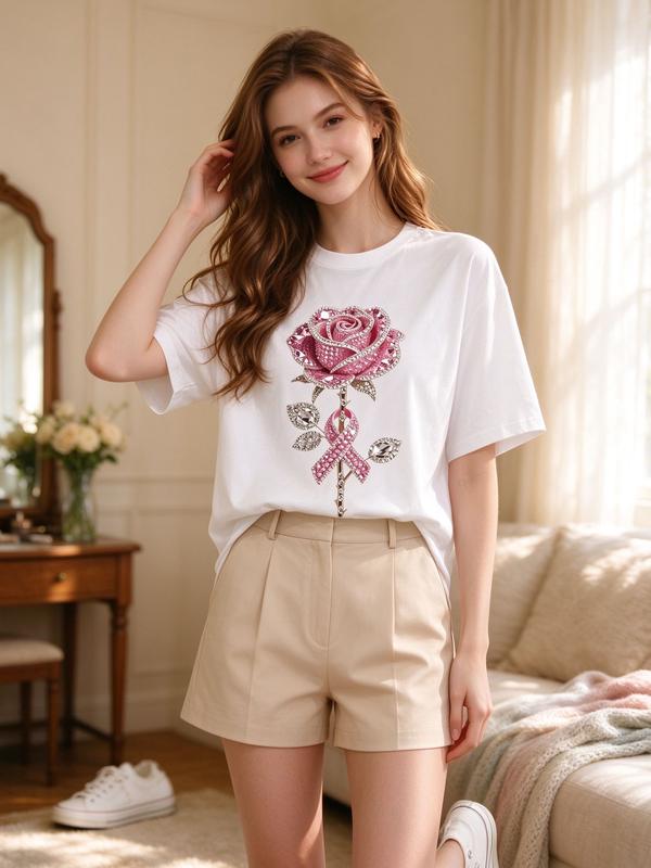 Women's Comfortable Sparkle Rhinestone Rose Ribbon Graphic T-Shirt, Casual Loose Cotton Crewneck Top, Spring-Fall Aesthetic Trendy Inspirational Outfit, Women's Shorts-Inclusive Womenswear Tee