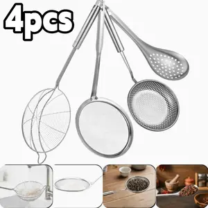 4pcs Stainless Steel Strainer Fine Mesh Strainer with Handle Frying Oil Filter Spoon Food Preparation Essentials Christmas Gifts, Cooking Tools, Ergonomic Handle, Compact Design, Rustresistant, Highquality Mesh, Mesh Sieve kitchen storage