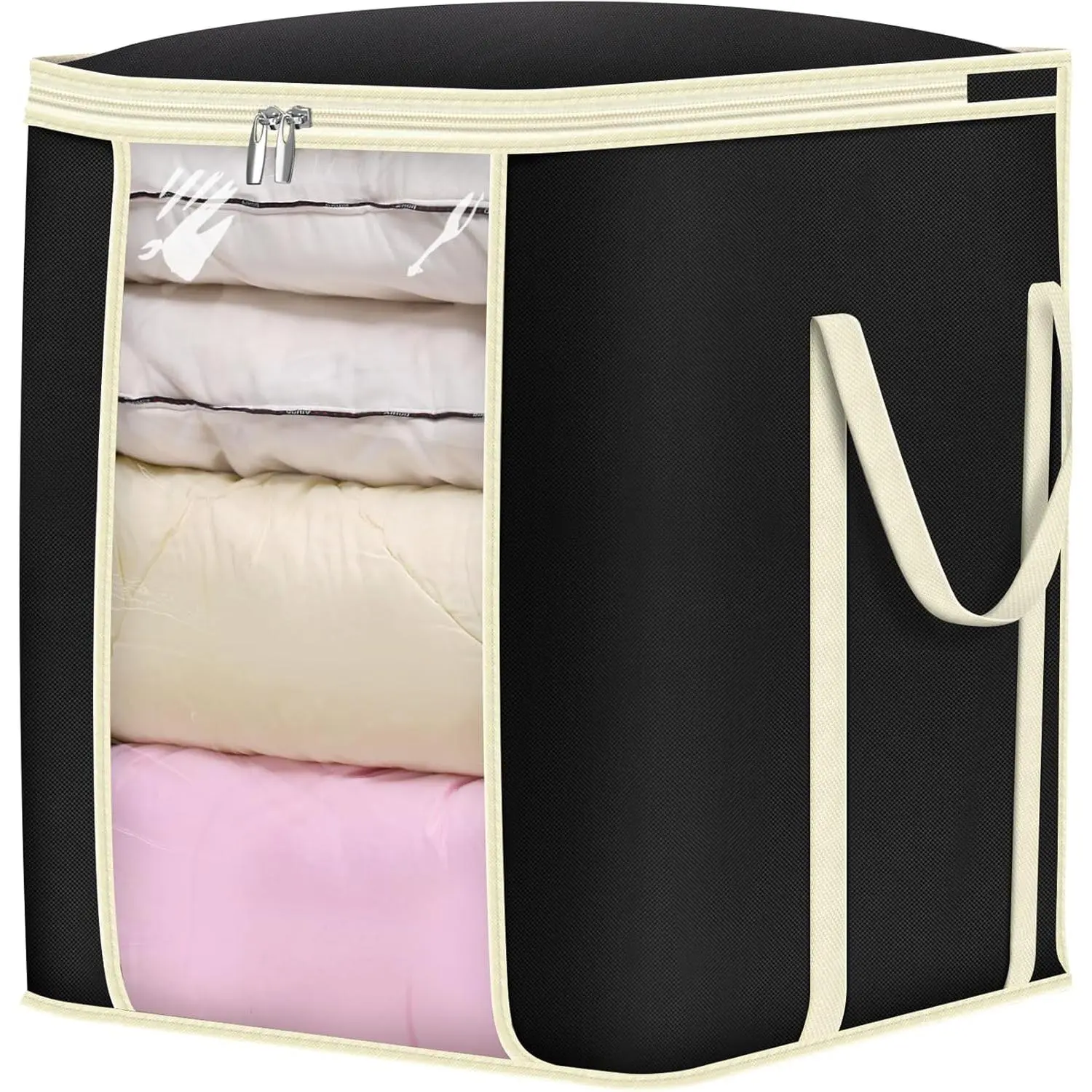 Comforters Storage Bag 120L for Blankets Clothes Sweaters Beddings Organizer with Reinfored Handles Non-Metal Fabric Storage Bin Organizer, Black