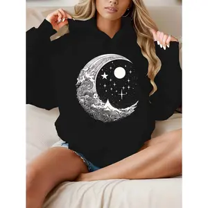 Women's Moon and Stars Print Graphic Hoodie Durable Print, Everyday Comfort, Machine Washable, casual sporty indoor relaxation