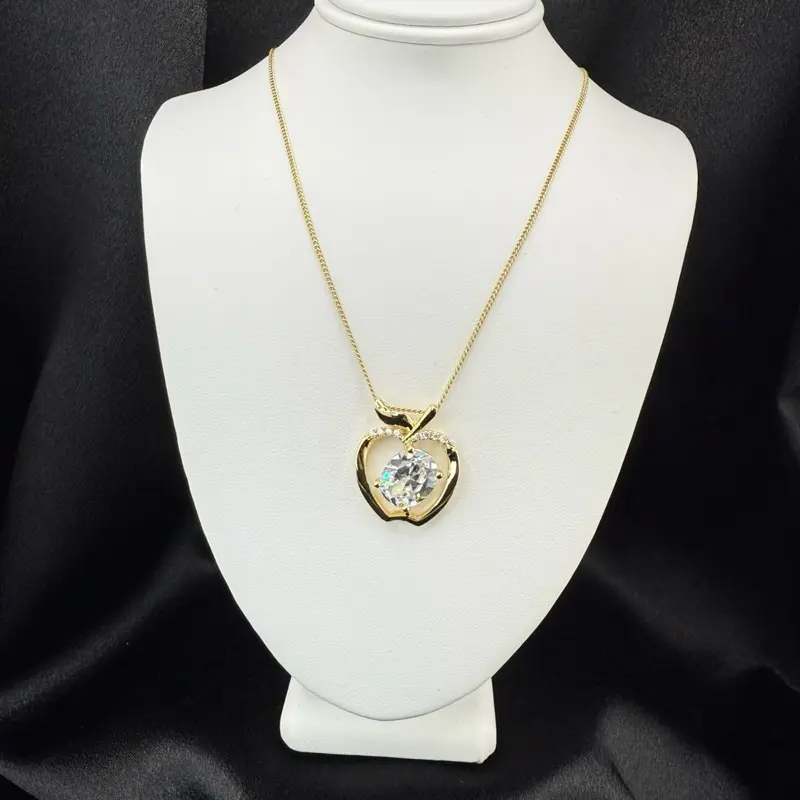 Apple Charm Necklace with Fine Chain 18 Inch Long Gold Plated Gold Jewelry Elegant Design Featuring Apple Charm and Stone Accents