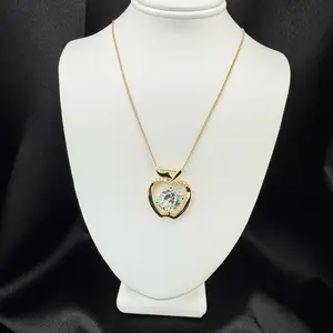 Apple Charm Necklace with Fine Chain 18 Inch Long Gold Plated Gold Jewelry Elegant Design Featuring Apple Charm and Stone Accents