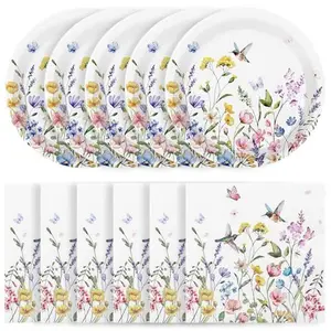 50 Pcs Wildflower Paper Plates and Napkins, Disposable Floral Plates and Napkins Tableware Set Wildflower Garden Party Supplies for Mothers Day Spring Tea Party Baby Shower Birthday