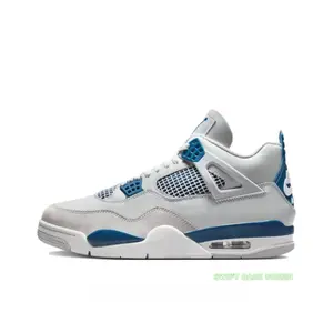 White and Blue Leather and Mesh Mid-Top Retro Basketball Shoes