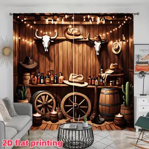 2D Flat 2Pcs Country Western Style Curtain Panels, Rustic Farmhouse Saloon Design, Retro Wood Barrel Bull Skull Printing, Rod Pocket, Semi Sunshade, Perfect for Living Room, Bedroom, Cabin, Kitchen, Anti Privacy Window Decor .