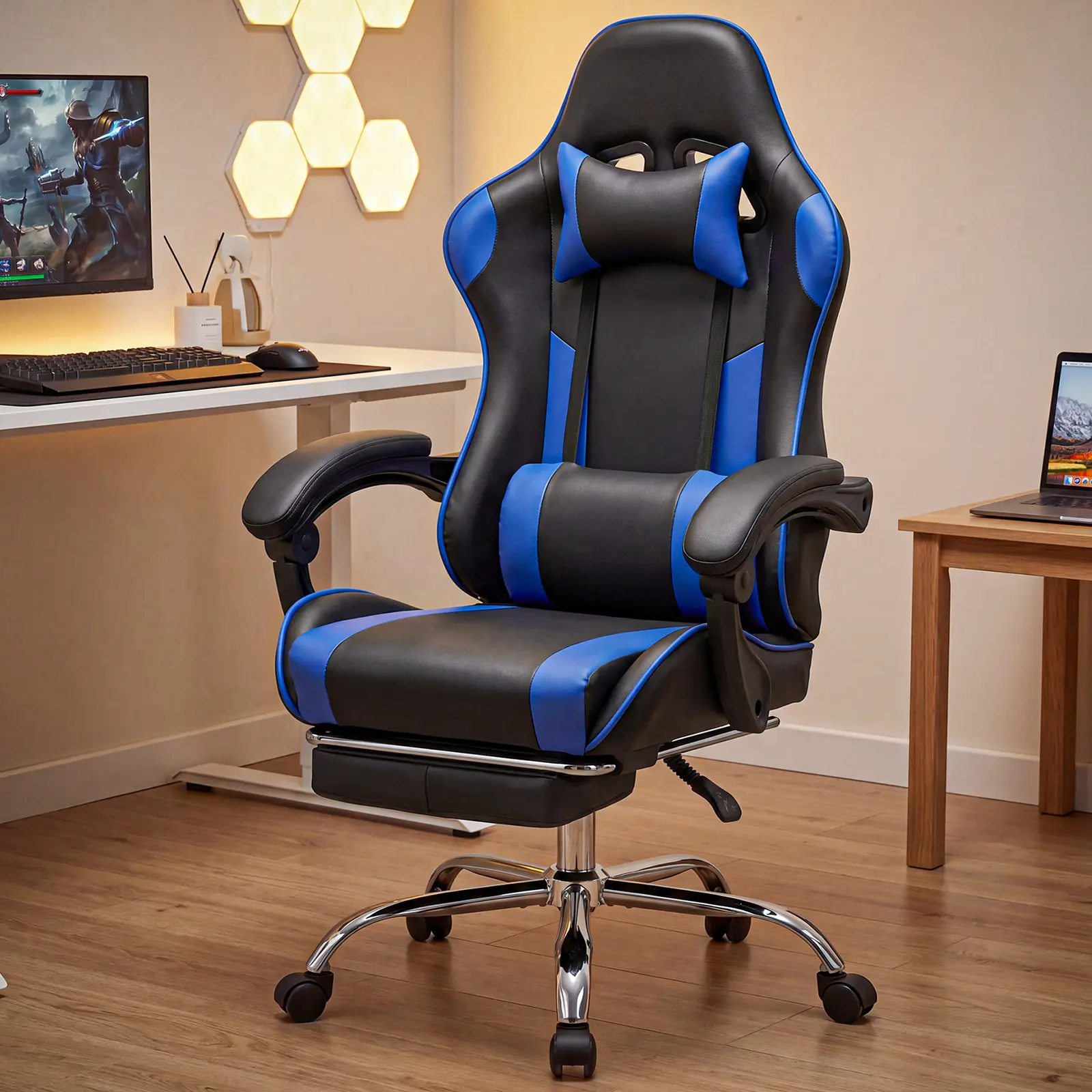 Ergonomic PU Leather Gaming Chair - 360° Swivel, Adjustable Height, Comfy Lumbar Support, Fixed Up Armrests, Fixed Base, Assembly Required