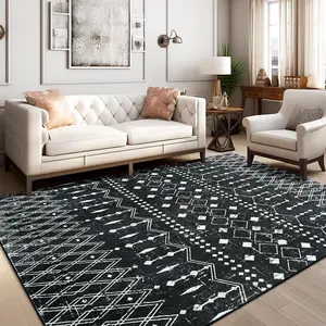Moroccan Washable Rug 4x6, Black Boho Living Room Area Rug, Non-Slip Farmhouse Bedroom Carpet Dorm Room Throw Rug, Low Pile Soft Accent Mat for Kitchen Entry Office (Black,4'x6')