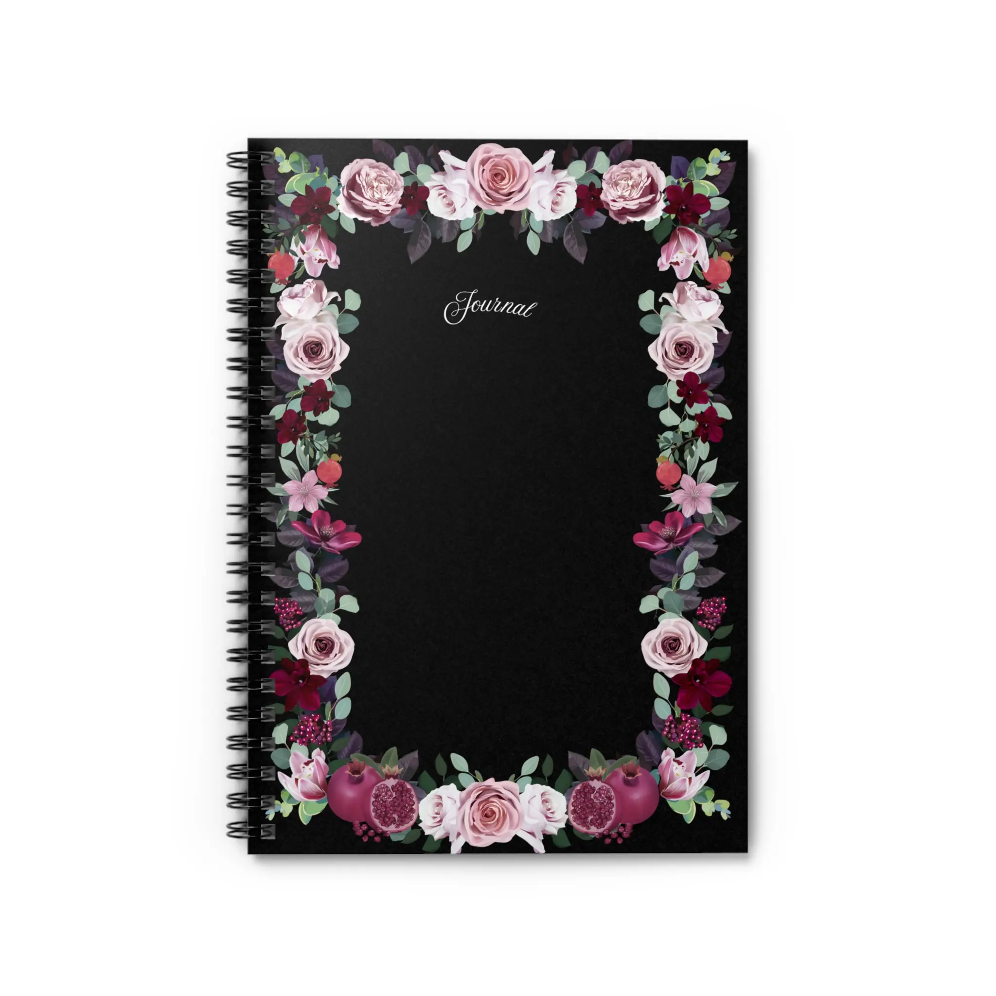 Dark Romantic Roses & Pomegranates Floral Frame Spiral Notebook | Ruled Journal