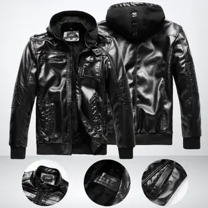 Men’s hooded motorcycle-style leather jacket with fleece lining; thickened winter interior for windproof warmth; detachable hood design; practical multi-pocket layout; versatile outerwear for daily commuting and street outings.