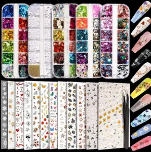 Teenitor 12 Sheets Nail Art Sticker Self-Adhesive, Flower Nail Stickers 5D Embossed Nail Decals, 5 Boxes Nail Glitter Sequins Flakes, Nail Art Design Tools Self Adhesive