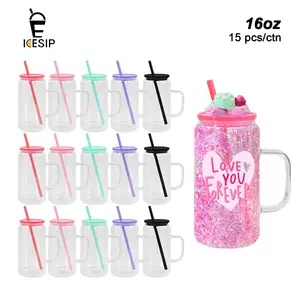 ICESIP 15pcs/ctn 16oz Snow globe Double Wall Glass Can Tumbler With Handle and Colorful  Lids Plastic Reusable Cups for Coffee Water Drinks for Iced Coffee Tea Water Travel Home Use