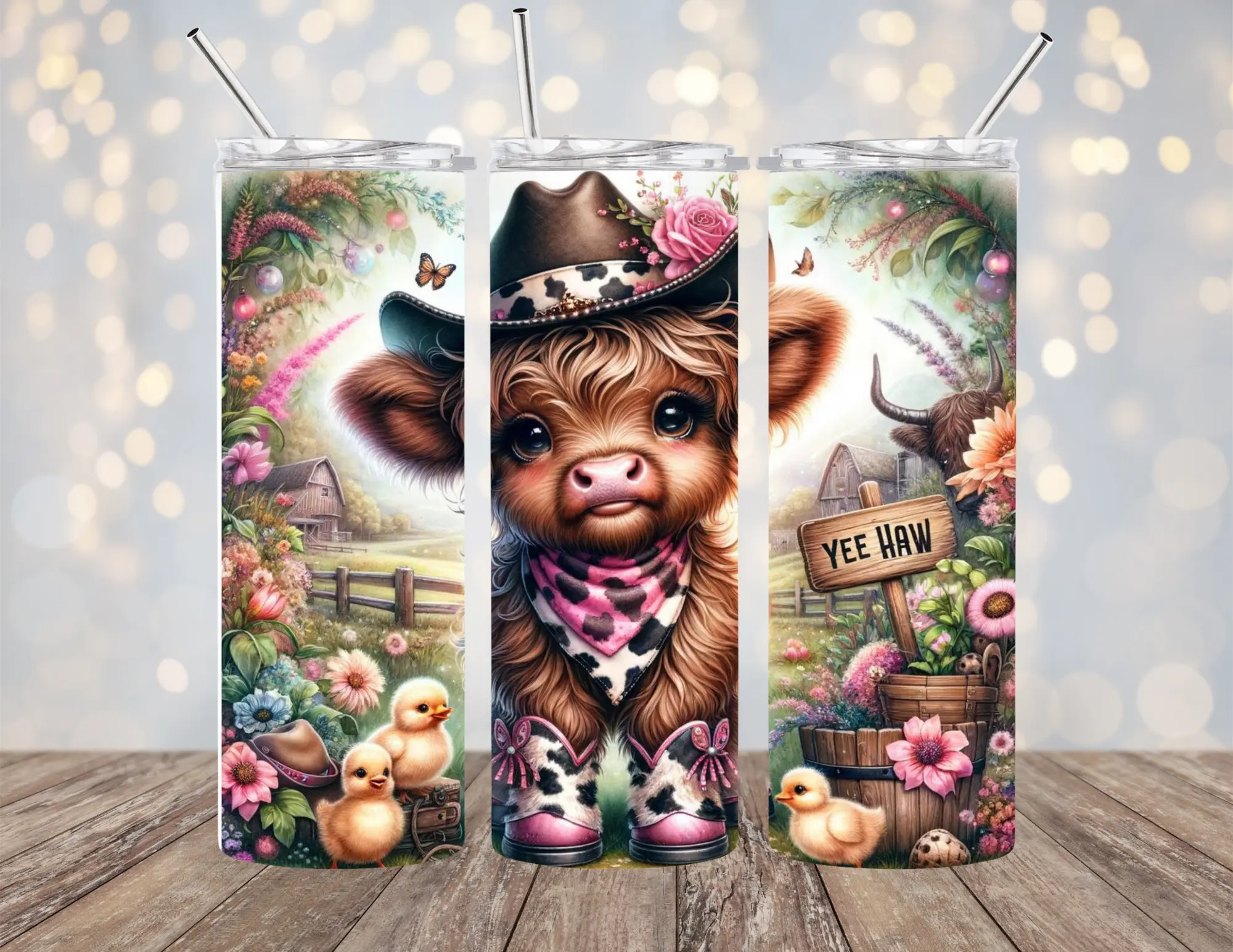 20 OZ HIGHLAND COW INSULATED SKINNY TUMBLER W/ STRAW HOT & COLD BEVERAGES