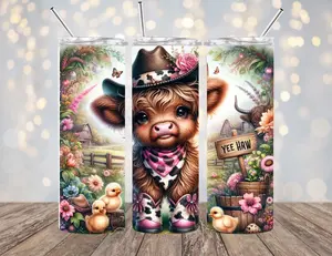 20 OZ HIGHLAND COW INSULATED SKINNY TUMBLER W/ STRAW HOT & COLD BEVERAGES