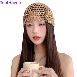 2026 new hat for women in spring, summer, spring, and summer, hand woven hollow toe cap for women, hook flower ethnic style Su strap set, pin