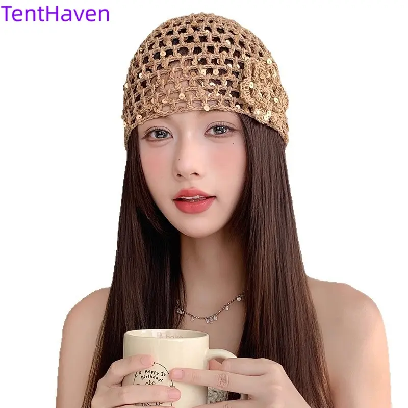 Bohemian Sun Hat for Women, Hand-Woven Hollow Cotton Summer Headwear for Adults with Adjustable Strap, Breathable Outdoor Hat, Crochet Flowers, Hand-Woven Crochet, Females, Ethnic, All Seasons, Floral