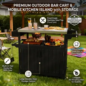 Elon Outdoor Bar Cart with Storage Wheeled Kitchen Island and Portable BBQ Prep Table Patio Serving Station for Backyard Entertaining Rolling Drink Cart Poolside Beverage Organizer and Grill Prep Cabinet with Table Top