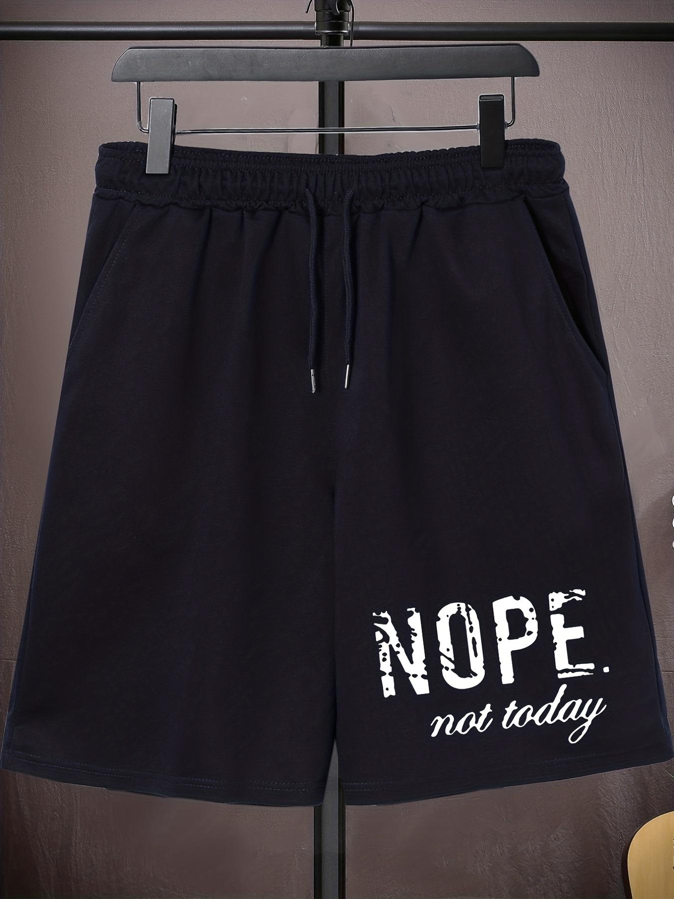 Men'S Plus Size Casual Shorts, "NOPE not today" Print, Polyester 100%, Medium Stretch Knit Fabric, Drawstring, Regular Fit, 200g/m², Oversized Elastic Sports Pants for Big & Tall Guys - Spring/Summer