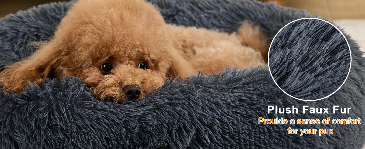 Dog Calming Beds for Small Medium Large Dogs - Round Donut Washable Puppy Dog Bed, Anti-Slip Faux Fur Fluffy Donut Cuddle Anxiety Cat Pet Bed(20" Dark Grey)