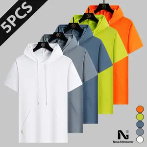Men's Summer 5-Pack Hooded Short-Sleeve T-Shirts Set - Drawstring Kangaroo Pocket, Stylish Menswear Casual Tops for Daily Activities, Hiking