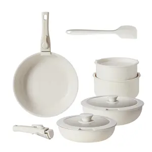 Non-Stick Cookware Set - 12pcs Set with Spatula & Detachable Handle, Beige Kitchenware for Versatile Cooking Frying Oil