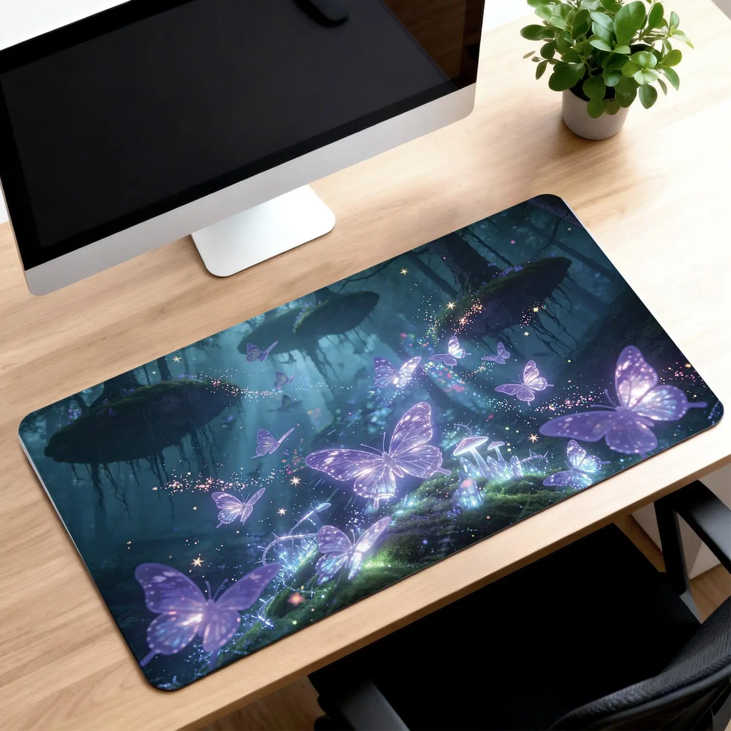 LIVEKEY Enchanted Forest Glow Butterfly Mouse Pad  40x80cm Large Gaming & Office Desk Mat with Non-Slip Base & Stitched Edges for PC  Laptop  Writing  Drawing​