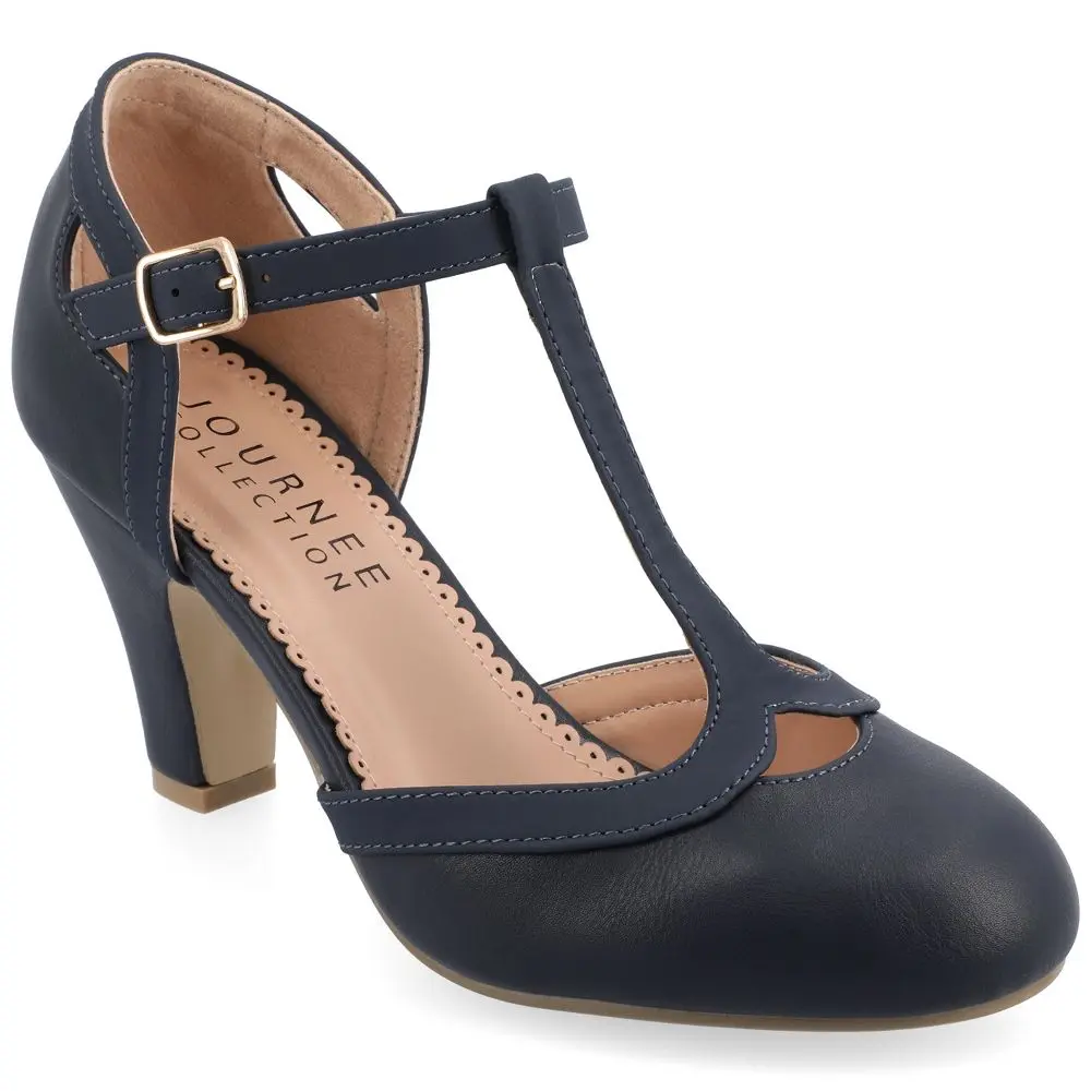 Journee Collection Women's Olina Medium and Wide Width Round Toe High Block Heel Pumps Navy 8.5WD