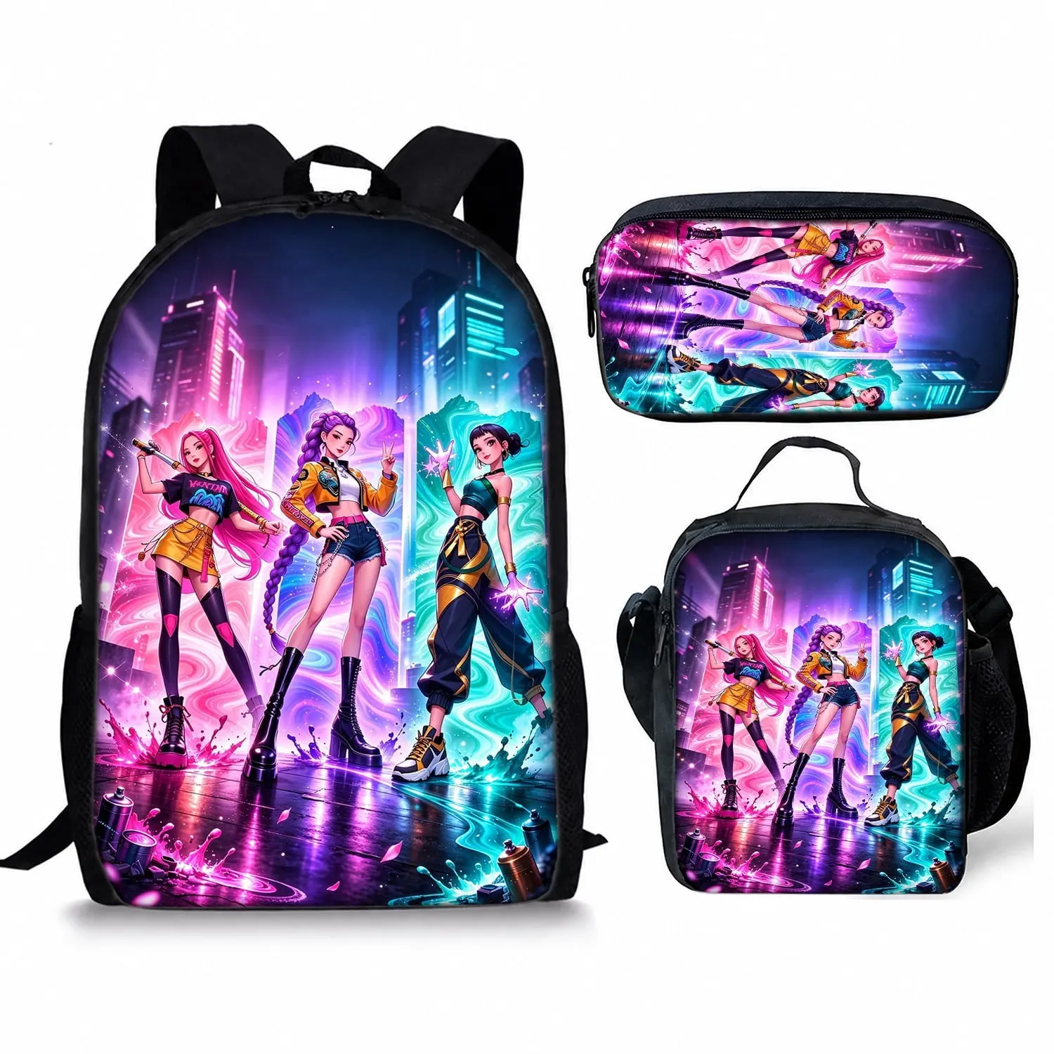 KPop Demon Hunters Neon Demon Squad Cool Print 3D Korean Anime Backpack & Lunch Bag Three-Piece Set, Large Capacity