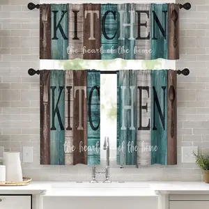 Teal and Brown Kitchen Window Curtains Valance and Tier Set 36 Inch, Rustic Farmhouse Turquoise Rod Pocket Short Tier Curtain for Bathroom, Wooden Home Small Cafe Drapes for Kitchen Decor