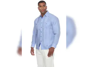 Men’s 100% Linen Long Sleeve Guayabera – Contrast Panel & Tonal Pleats