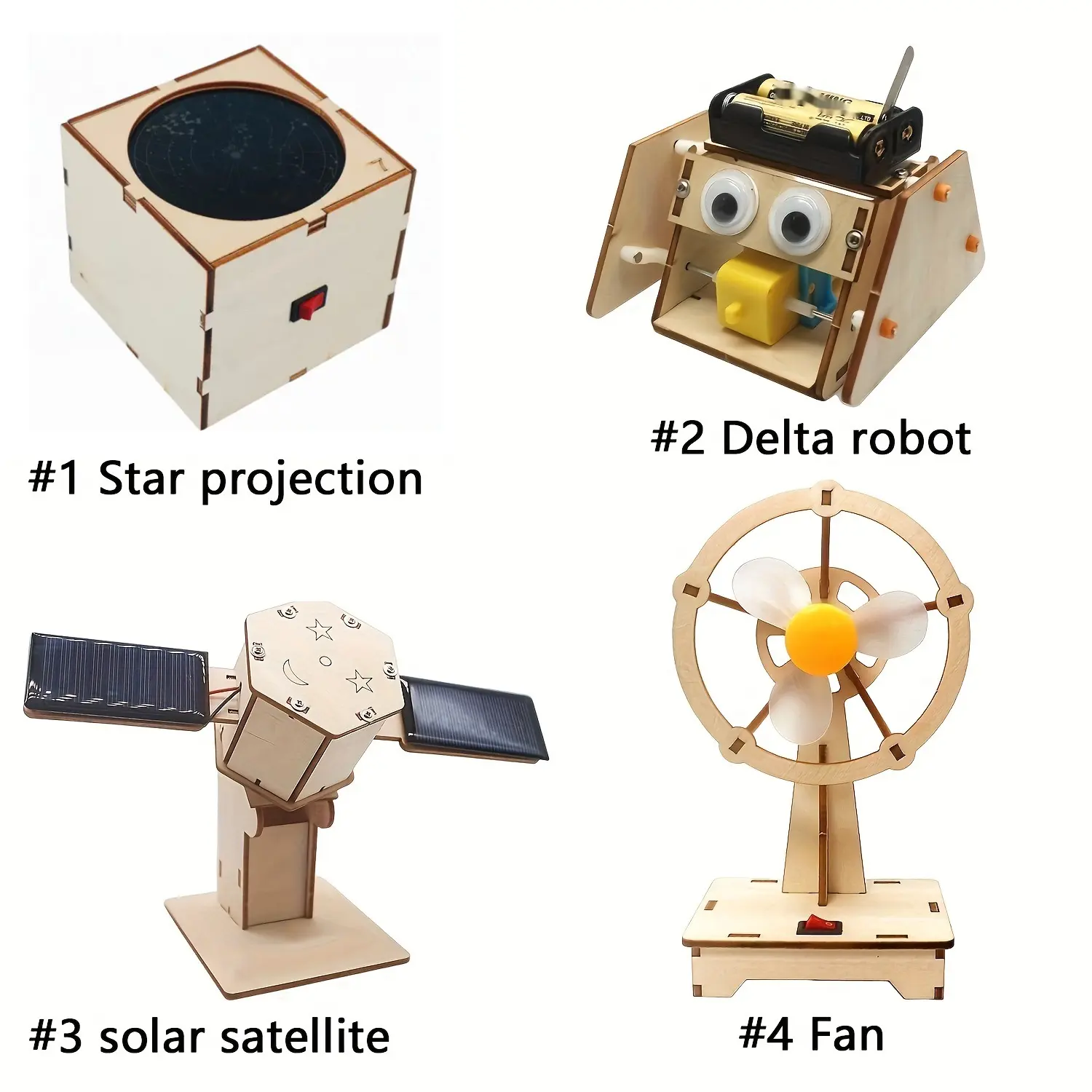 4-in-1 STEM Science Mega Pack: DIY Star Projector, Robot, Solar Satellite & Fan Kit