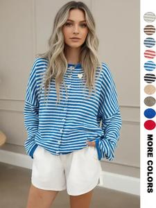 women's striped casual long sleeve loose knit sweater, lightweight fall & winter fashion, button front open front design longsleeves tops