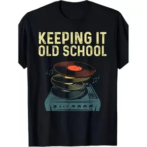 Men'S & Women'S Vintage Music Record Turntable Graphic T-Shirt - "Keeping It Old School" Retro Vinyl Design, Soft Breathable Crew Neck Short Sleeve Tee for Music Lovers, Unisex Casual Wear & Collectors Gift, Plus Size