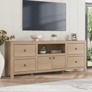 Natural Oak Farmhouse TV Stand for 75/80 Inch TVs, 70" Long Entertainment Center with 6 Storage Drawer & Soundbar Shelf, Brown Television Consoles Stands for Living Room, Bedroom