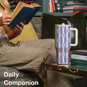 1 Pc Blue Stripe thermal mug, Tumbler, Tumbler Drinkware, 40oz handle, double wall vacuum insulated stainless steel, leak proof lid, keeps hot 12h cold 24h, for hot cold drinks, floral stripes, sweat free, car holder friendly, gift for women men