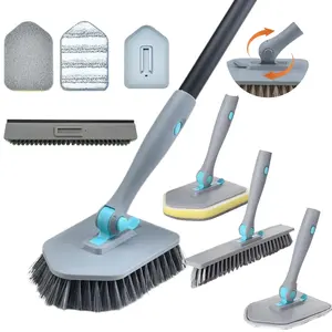 4-in-1 Shower Scrubber  with 50.4" Long Handle, 180° Rotating Bathroom Cleaning Brush with V-Shaped Grout Brush, Scrub Pad & Microfiber Pad for Tub, Tile, Floor, Glass & Corners Toilet Set Bristle