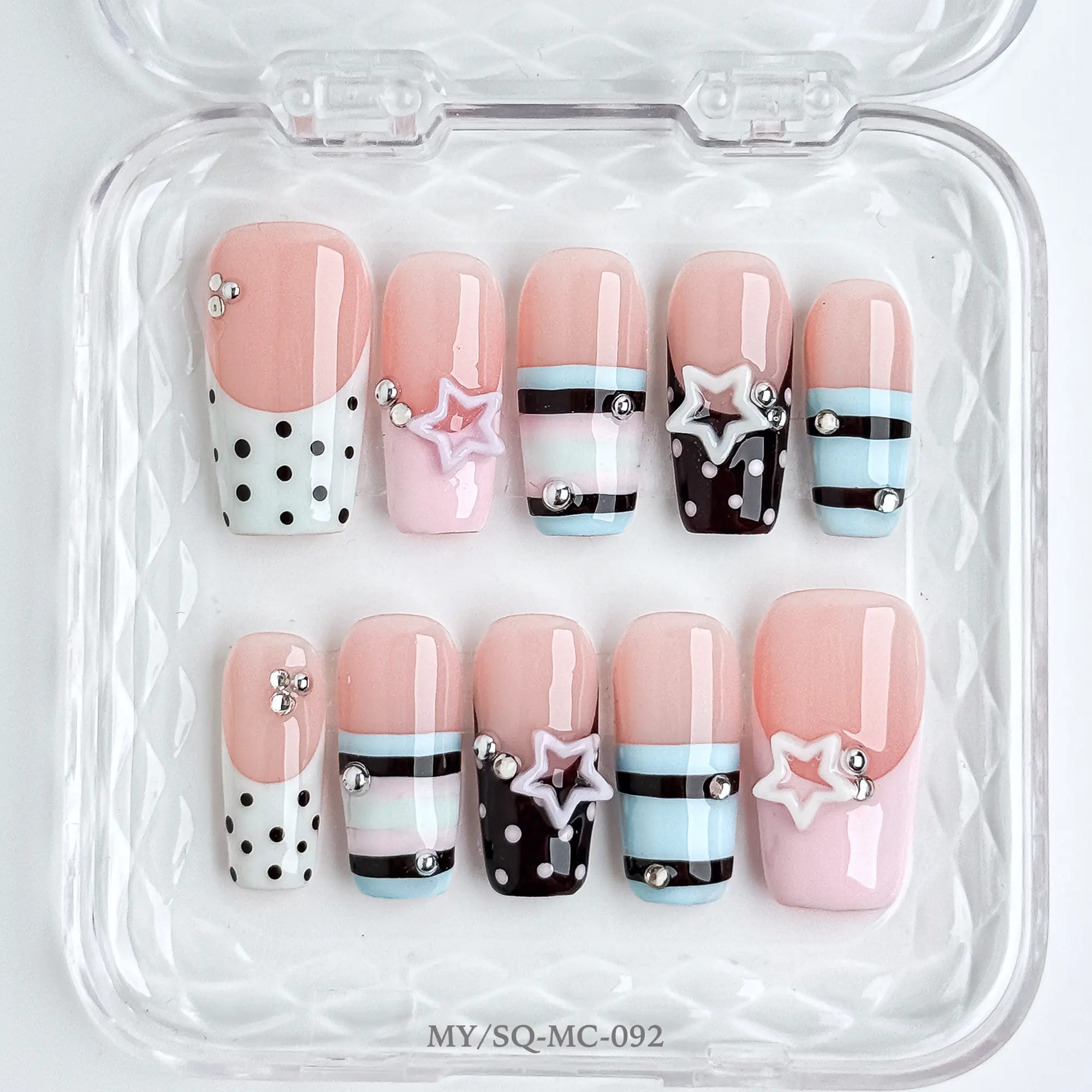 Younique Nails, Striped French Tip Square 3D Star Charms, Rhinestone Polka Dots, rhinestone, french nail, handmade tip, square press-on, Handmade Reusable Acrylic, press on kit, soft gel, luxury, acrylic false, week wear, reusable glossy fake