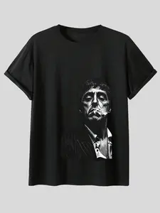 Tony Montana Print T-Shirt, Vintage Gangster Aesthetic, Casual Round Neck Short Sleeve, Sweat-Wicking, Movie Night Streetwear