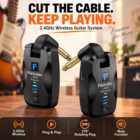 Flatsons-FW2D 2.4 GHz Wireless Guitar System - USB-C Rechargeable Transmitter Receiver with Patented Quiet Plug, 48Khz / 16-Bit High-Fidelity Audio, 20hz-20khz Range, Built-In Li-Ion Battery, 10 Hours Working Time for 6.35mm Jack Electronic Instruments