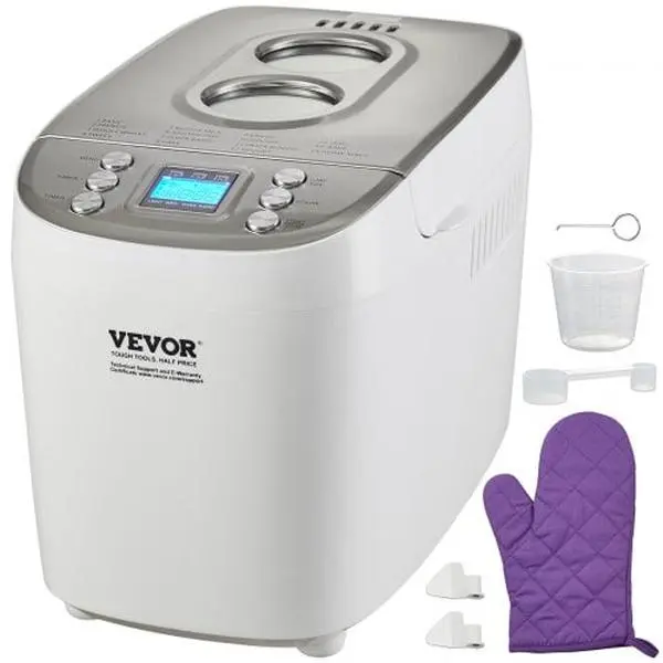 Vevor MBJBXG3LB850GHMSHV1 Bread Maker, 15-in-1 Dough Machine, Nonstick Ceramic Pan Automatic Breadmaker with Digital, Programmable, 3 Loaf Sizes, 3 Crust Colors, White
