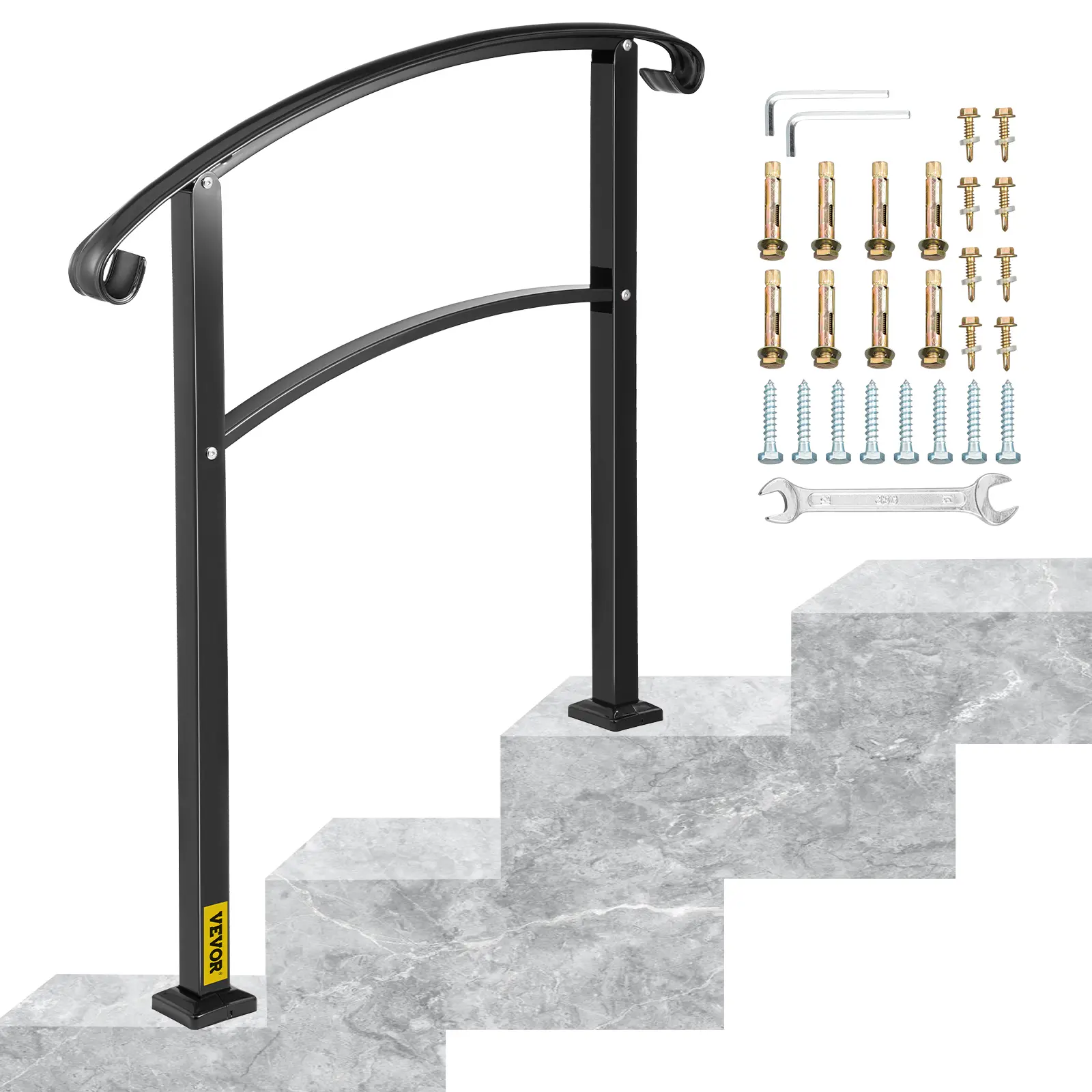 【summerfinds】VEVOR 3-Step Transitional Handrail Fits 1 or 3 Steps Matte Stair Rail Wrought Iron Handrail with Installation Kit Hand Rails for Outdoor Steps (Unadjustable) (Black)