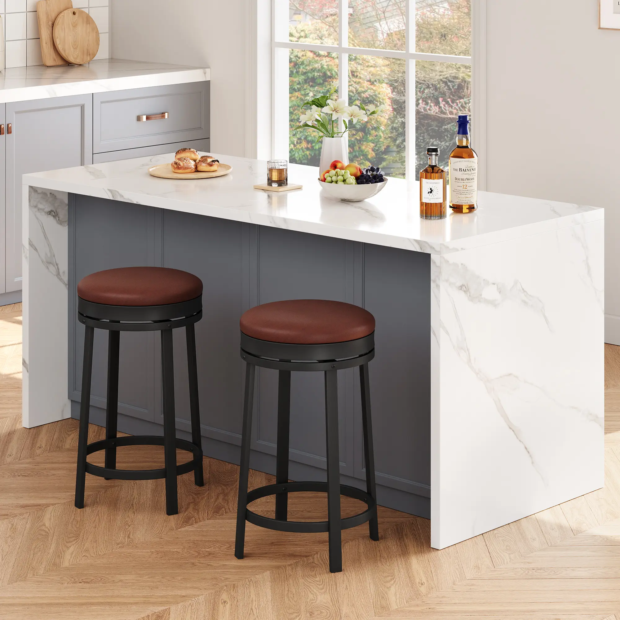Garvee 360° Swivel Counter-Height Backless Bar Stools, 24/24.4" Round PU Leather Cushioned Seats, Modern Metal Frame with Footrest for Kitchen Island/Home Bar - Brown/Black