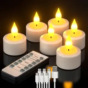 Rechargeable  Lights with Remote Timer, 6 Packs Flickering Flameless LED Tealights Candles with USB   & Remote for Wedding Halloween Christmas Home Decor