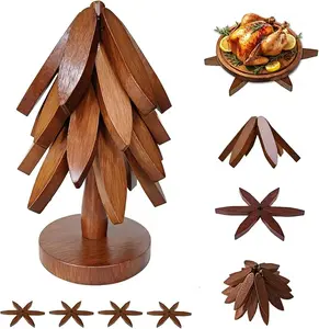 New Set of 4Potholders and 1Holder, Wooden Coasters for Hot Dishes,Kitchen Decorative Placemat, Christmas TreeShape, Foldable Kitchen Decoration, Perfectfor Pots, Bowls, Coffee Cups, Teapots and HotPots countertop protector Coasters Tableware