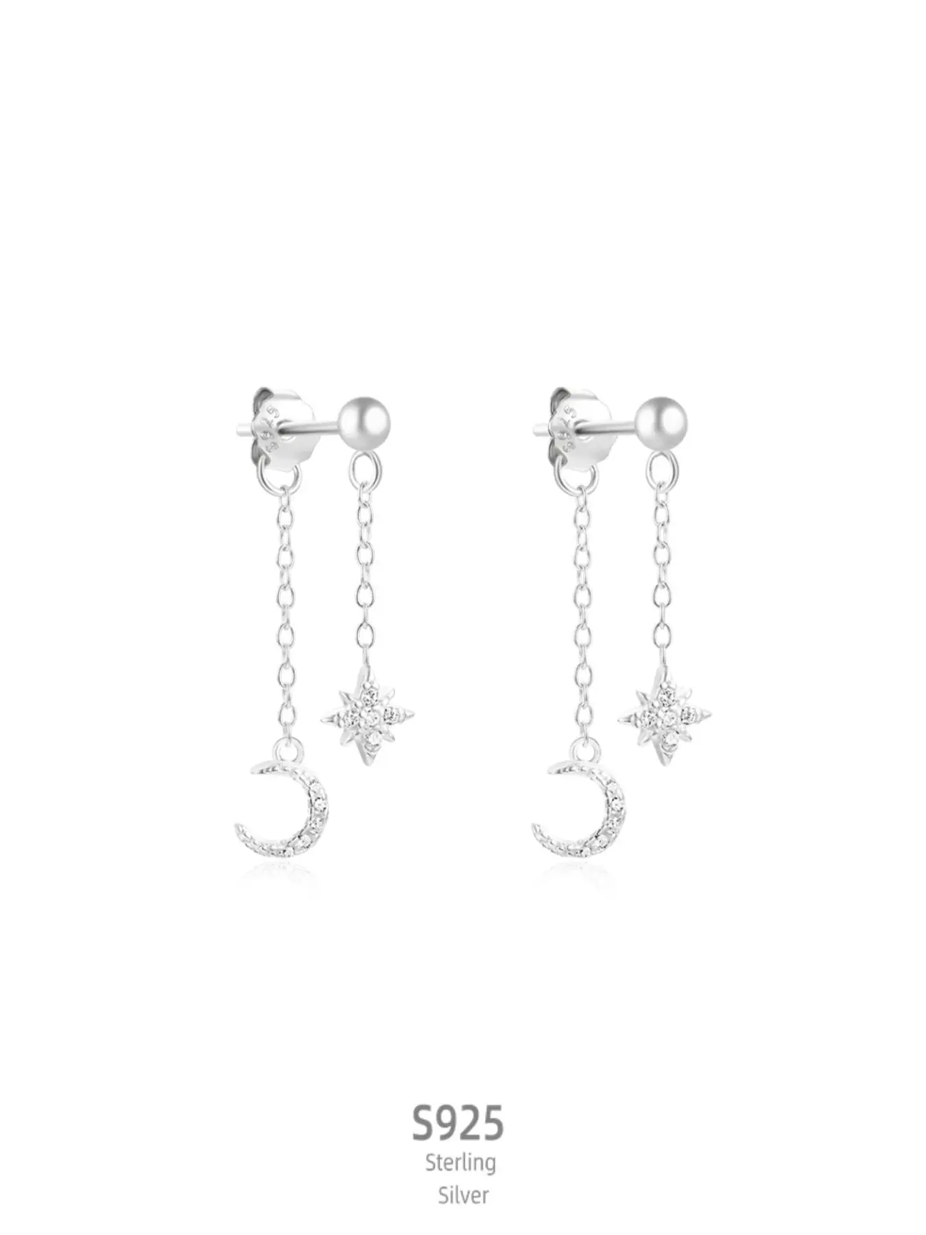 925 Sterling Silver Moon & Star Design Tassel Earrings, Rhinestone Decorated Drop Earrings, Fashion Jewelry Accessories for Women & Men