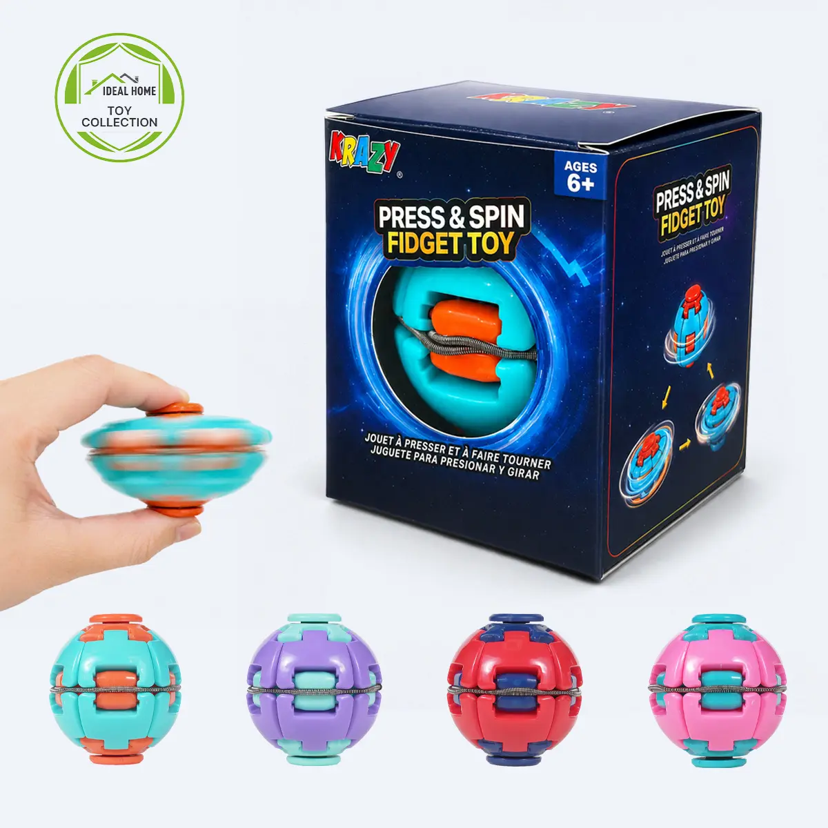 KRAZY Press & Spin Fidget Spinner Ball, Interactive Fidget Spinner Toy for Stress Relief & Focus, Portable Sensory Toy for Kids, Teens & Adults