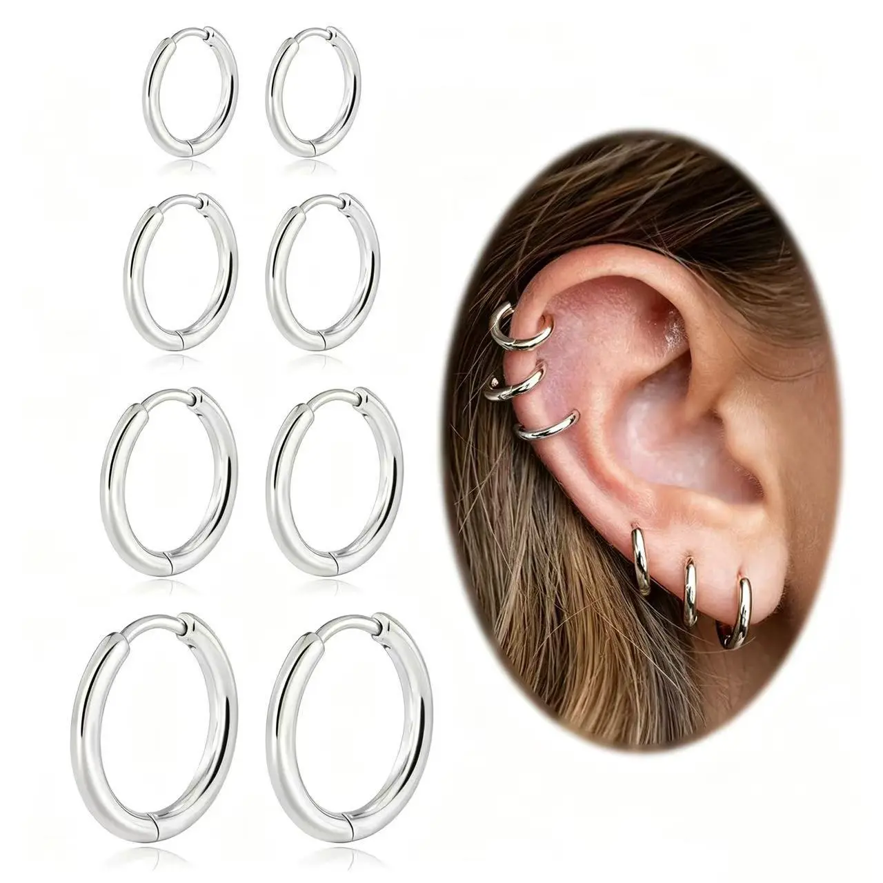 Unisex 4-Pair Small Hoop Earrings Set - Hypoallergenic Stainless Steel Plain Shape Huggie Hoops, 8mm/10mm/12mm/14mm Gold/Silver Cartilage Earrings for Multiple Piercings, Light Luxury Design for Daily Wear